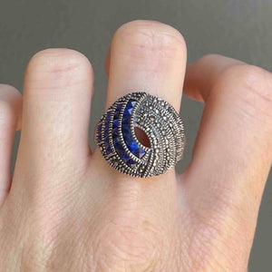 Vintage Sterling Silver Blue Stone Marcasite Dome Ring - Boylerpf