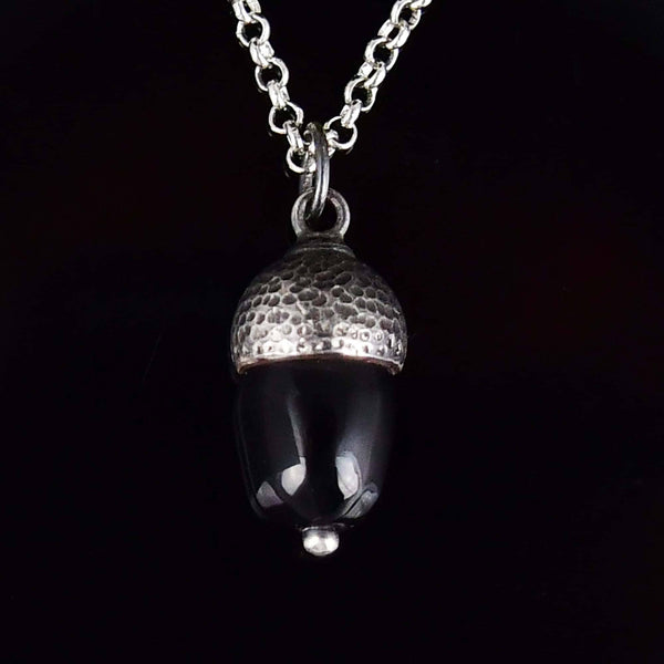Antique Arts & Crafts Silver Whitby Jet Acorn Charm Necklace