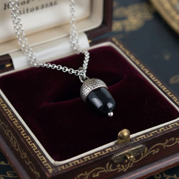Antique Arts & Crafts Silver Whitby Jet Acorn Charm Necklace