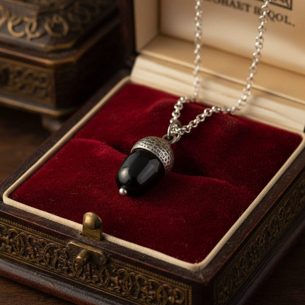 Antique Arts & Crafts Silver Whitby Jet Acorn Charm Necklace