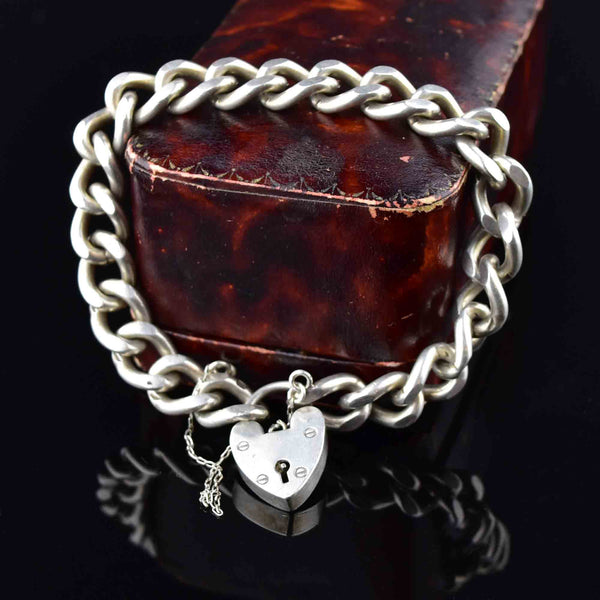 Vintage Silver English Heart Padlock Curb Chain Bracelet - Boylerpf