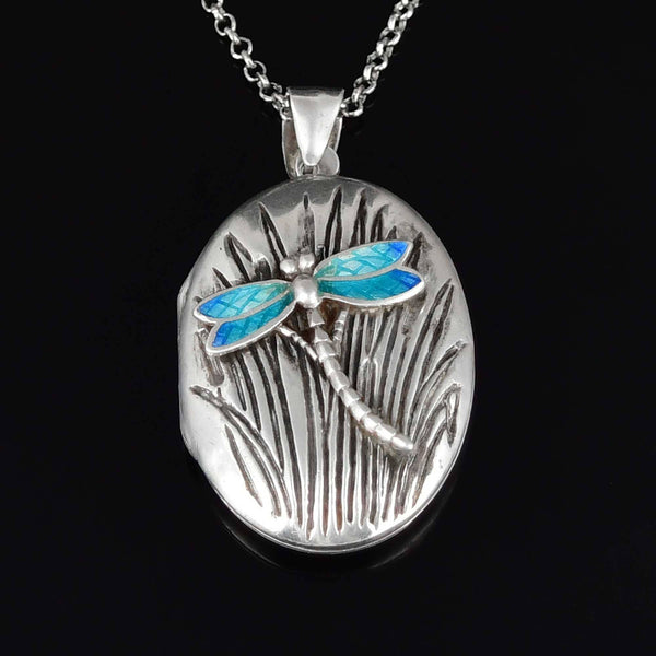 Vintage Sterling Silver Enamel Dragonfly Locket Necklace