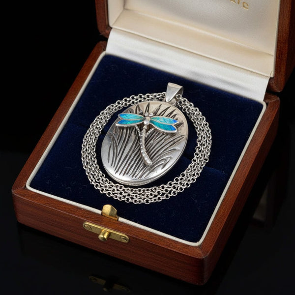 Vintage Sterling Silver Enamel Dragonfly Locket Necklace