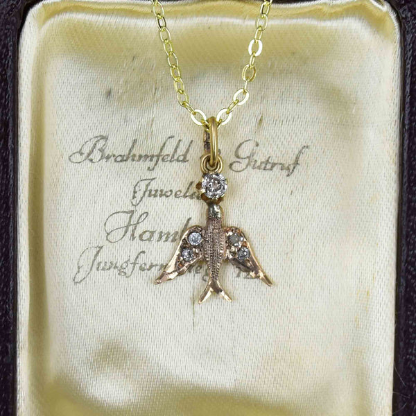 Antique 14K Gold Saint Esprit Diamond Charm Pendant Necklace - Boylerpf