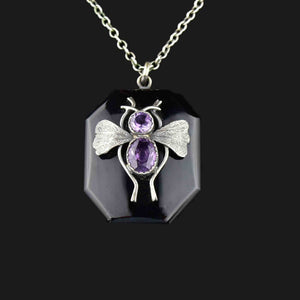 French Jet Silver Amethyst Bug Locket Necklace - Boylerpf