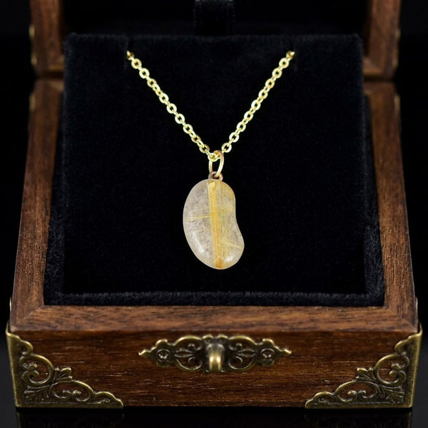 Vintage Rutilated Quartz 9K Gold Lucky Bean Necklace