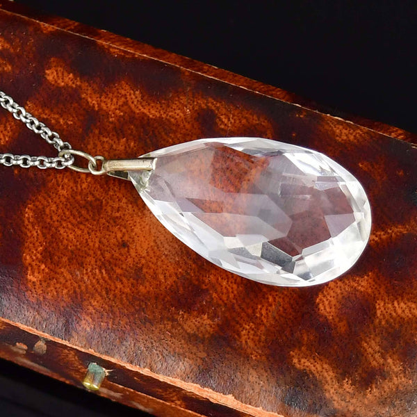 Antique Art Deco Rock Crystal Teardrop Pendant Necklace