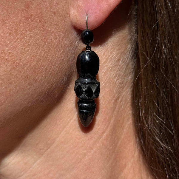 Antique Victorian Carved Whitby Jet Chandelier Earrings - Boylerpf