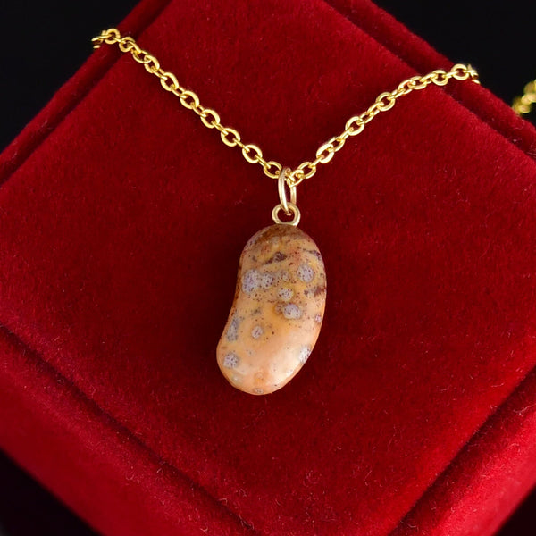 Vintage Gold Marbled Agate Lucky Bean Charm Pendant Necklace