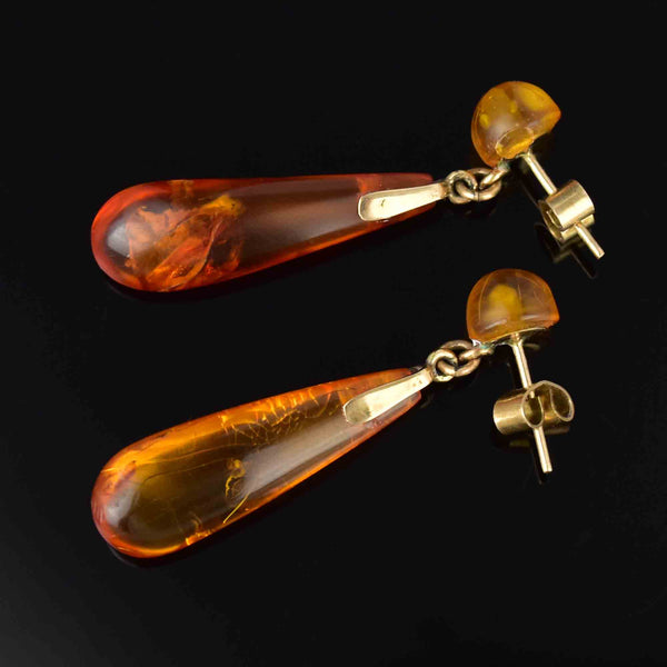 Vintage Art Deco Gold Baltic Amber Torpedo Stud Drop Earrings - Boylerpf