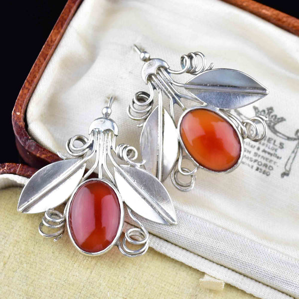 Arts and Crafts Silver Carnelian Bug Earrings - Boylerpf