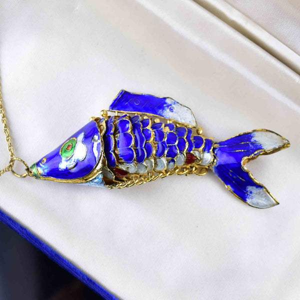 Vintage Large Blue Enamel Koi Articulated Fish Pendant Necklace - Boylerpf