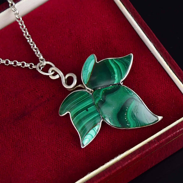 Antique Victorian Malachite Silver Ivy Leaf Pendant Necklace - Boylerpf