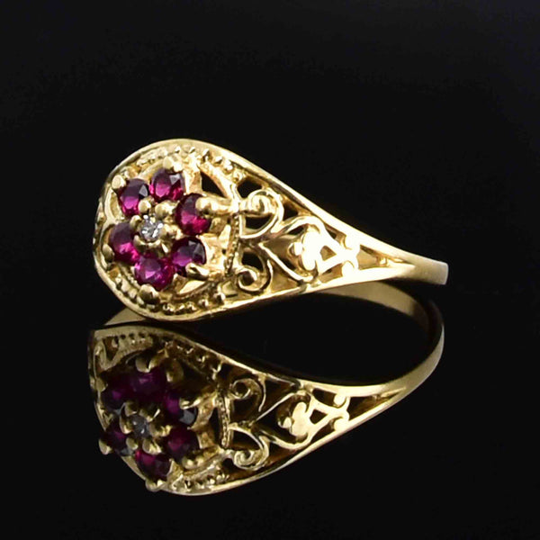 Vintage 10K Gold Diamond Ruby Cluster Statement Ring - Boylerpf