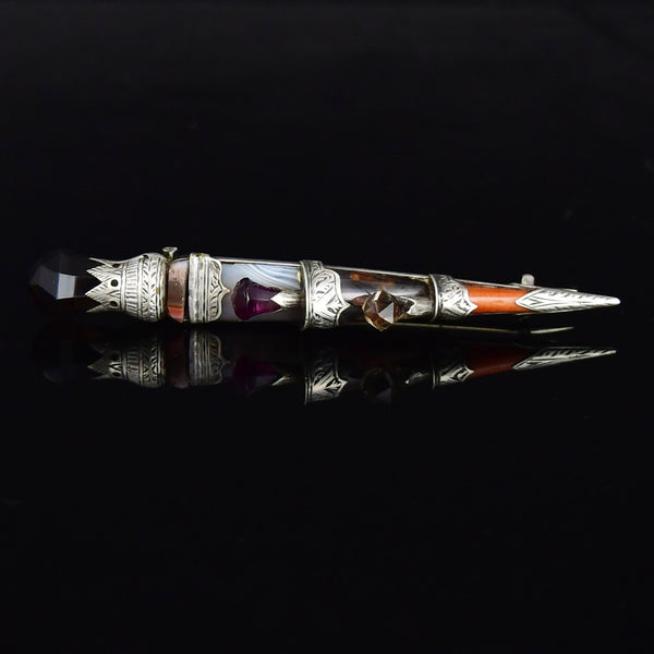 Victorian Scottish Agate Smoky Quartz Dirk Brooch
