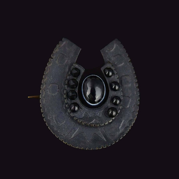 Antique Vulcanite Bullseye Agate Horseshoe Brooch