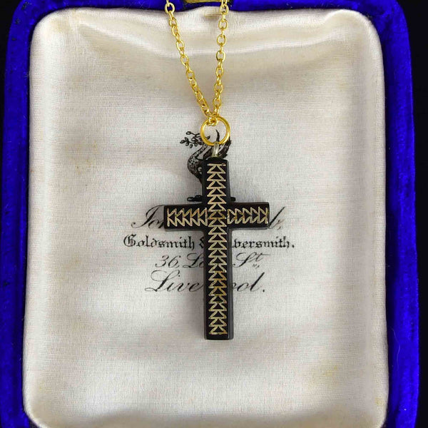 Antique Gold Inlay Pique Cross Pendant Necklace - Boylerpf