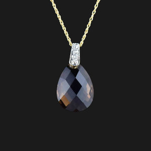 14K Gold Pear Cut Smoky Quartz Diamond Pendant Necklace - Boylerpf