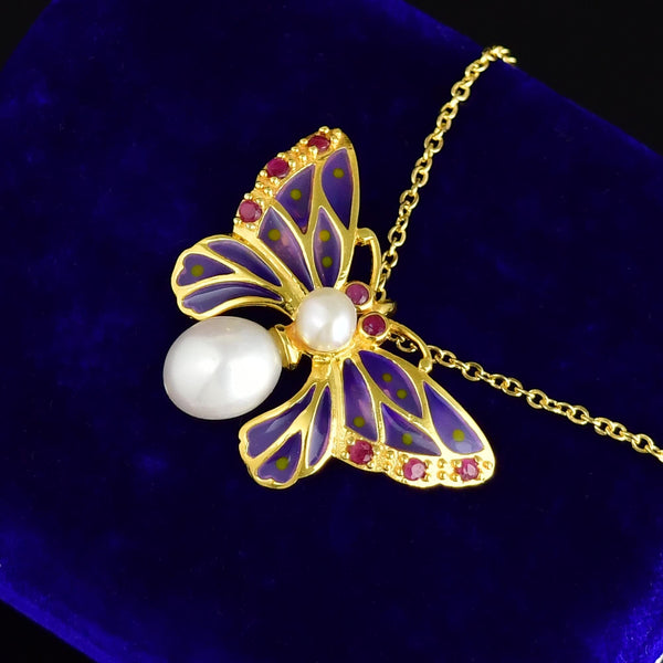 Plique a Jour Enamel Pearl Ruby Butterfly Brooch Pendant