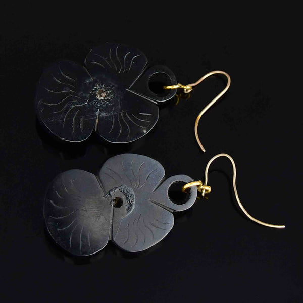Antique Victorian Carved Whitby Jet Pansy Flower Earrings - Boylerpf