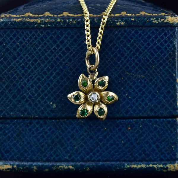 Antique 14K Gold Diamond Emerald Flower Charm Pendant Necklace - Boylerpf