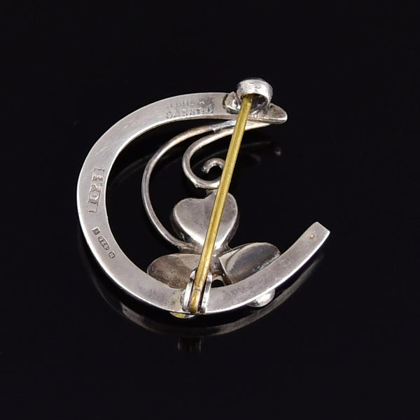 Vintage Silver HorseShoe Connemara Marble Shamrock Brooch