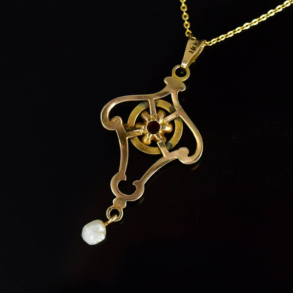 Antique Edwardian Gold Enamel Pearl Ruby Lavalier Pendant - Boylerpf