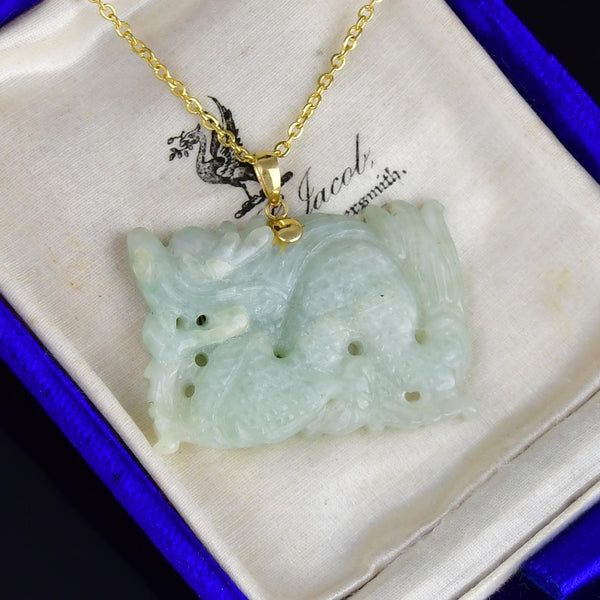 14K Gold Large Carved Jadeite Dragon Pendant Necklace