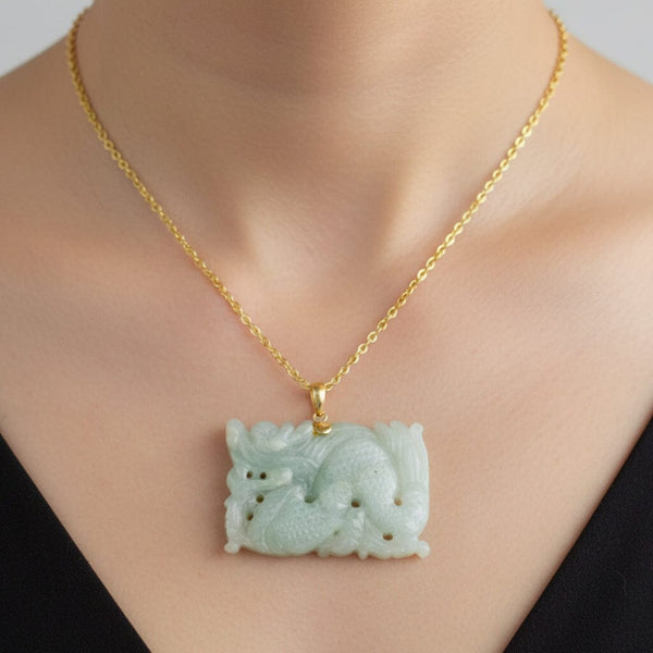 14K Gold Large Carved Jadeite Dragon Pendant Necklace - Boylerpf
