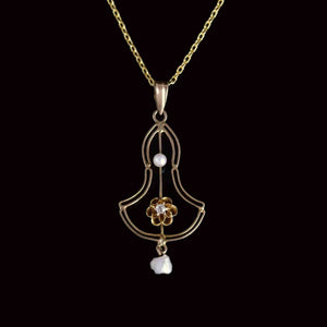 Edwardian 10K Gold Buttercup Diamond Pearl Lavaliere Necklace - Boylerpf