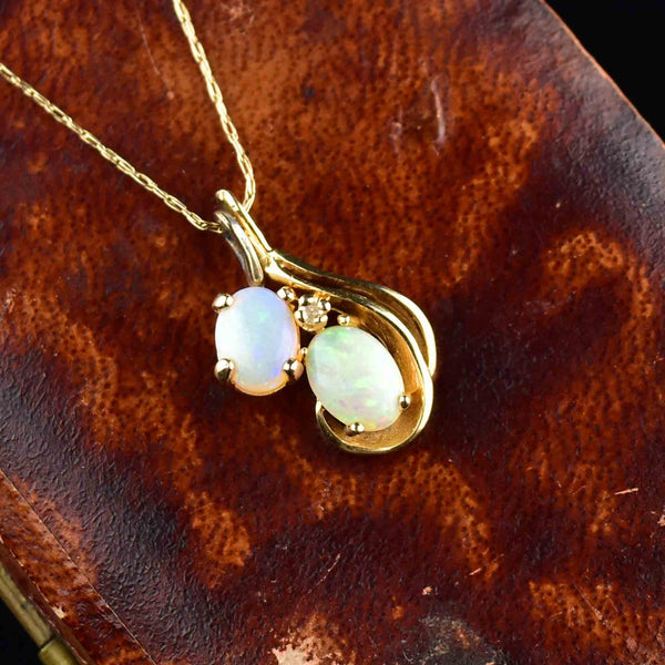 Vintage 14K Gold Diamond Double Opal Pendant Necklace - Boylerpf