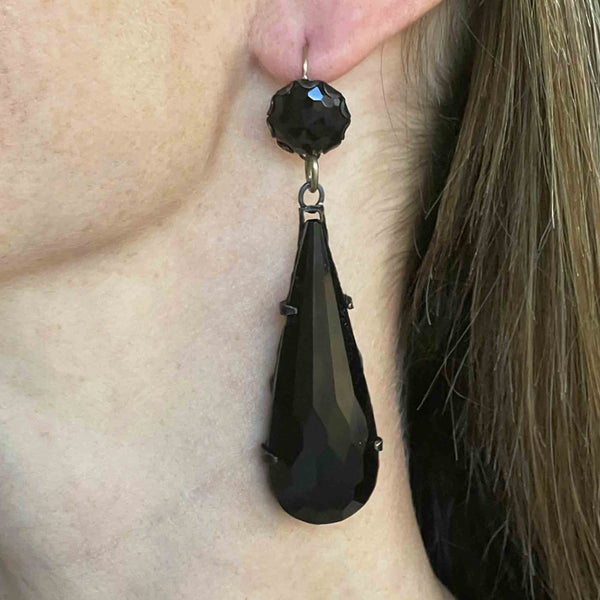 Distinctive antique 1920s Art Deco Sterling Silver molded Jet Black Czech  glass sparkling Marcasite accented stamped Screw Back Drop Earring