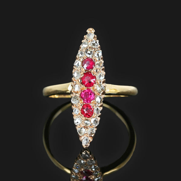 Antique Victorian Diamond Ruby Navette Ring in 14K Gold - Boylerpf