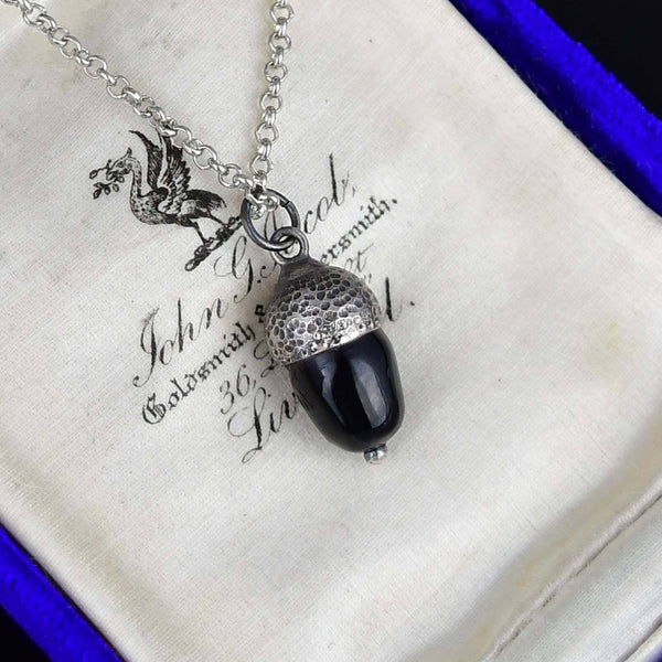 Antique Arts & Crafts Silver Whitby Jet Acorn Charm Necklace