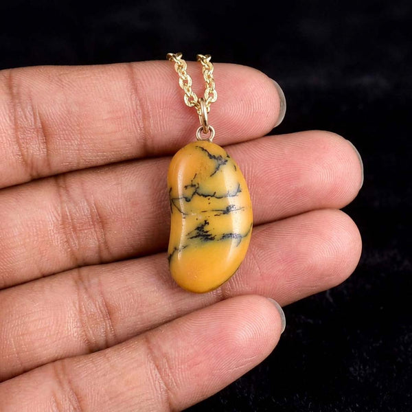 Vintage 9K Gold Dendritic Honey Opal Lucky Bean Necklace