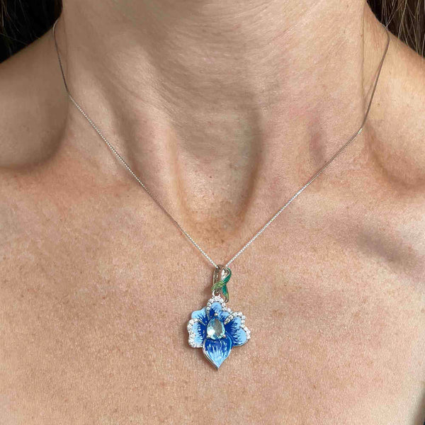 Vintage Sterling Silver Enamel Blue Topaz Flower Pendant Necklace - Boylerpf