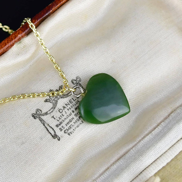 Vintage Carved Nephrite Jade Heart Charm Necklace - Boylerpf
