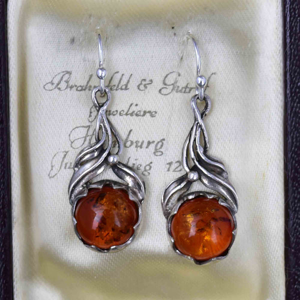 Arts and Crafts Style Silver Natural Baltic Amber Drop Earrings - Boylerpf