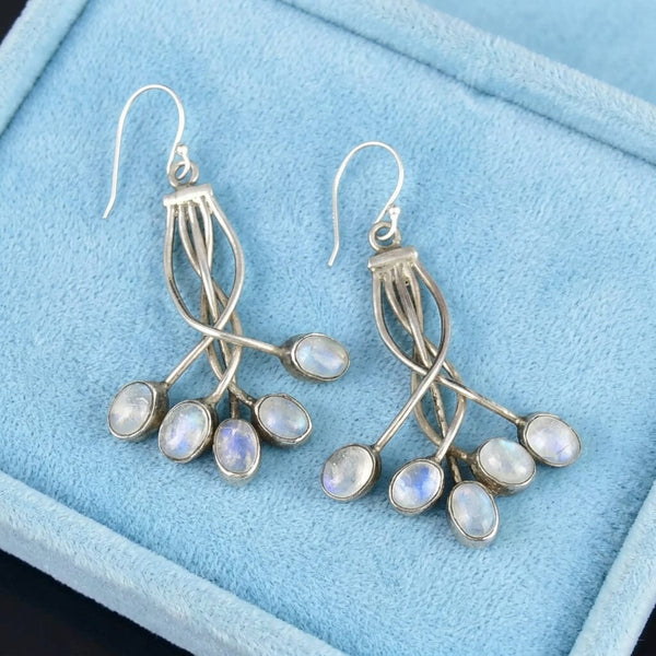 Vintage Moonstone Cabochon Sterling Silver Drop Earrings