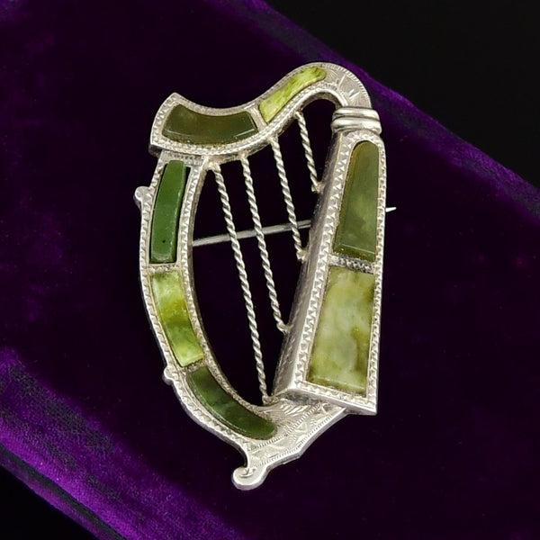 Antique Victorian Irish Connemara Marble Lyre Harp Brooch