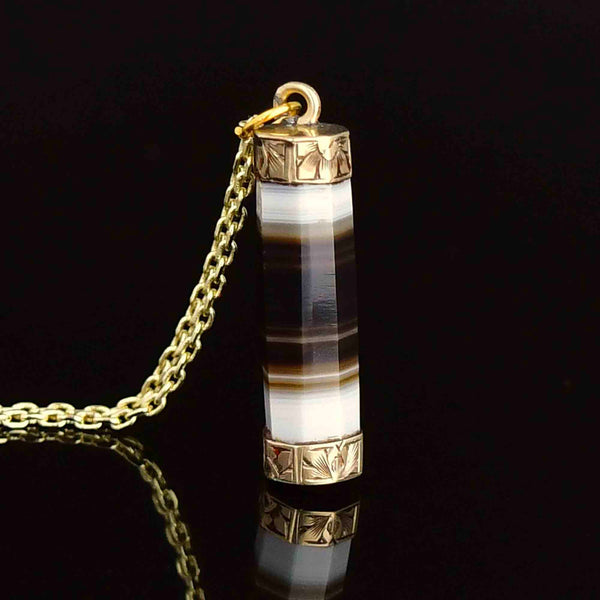 Antique Victorian Gold Floral Banded Agate Barrel Pendant Necklace - Boylerpf