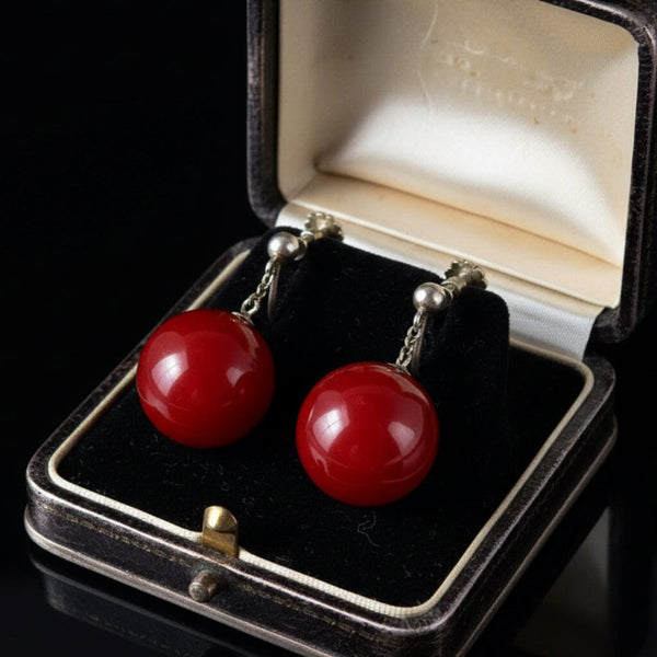 Vintage Art Deco Cherry Amber Ball Silver Screw Back Earrings