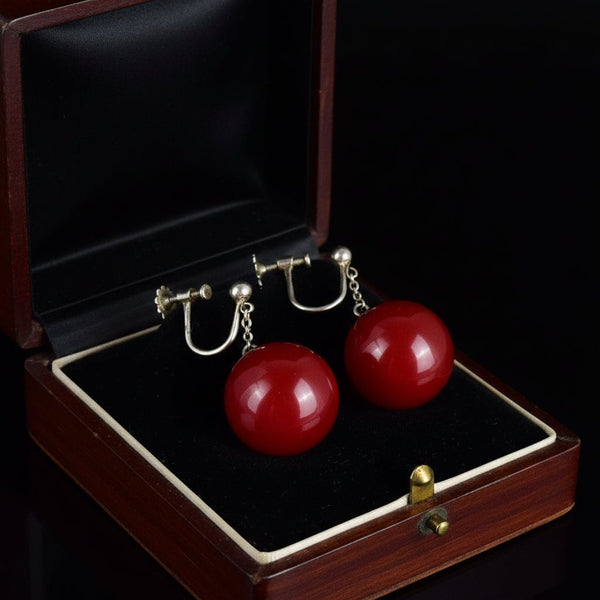 Vintage Art Deco Cherry Amber Ball Silver Screw Back Earrings