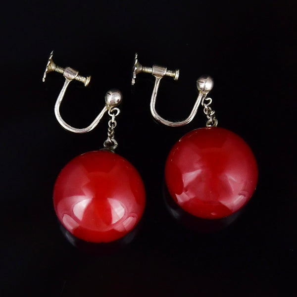 Vintage Art Deco Cherry Amber Ball Silver Screw Back Earrings