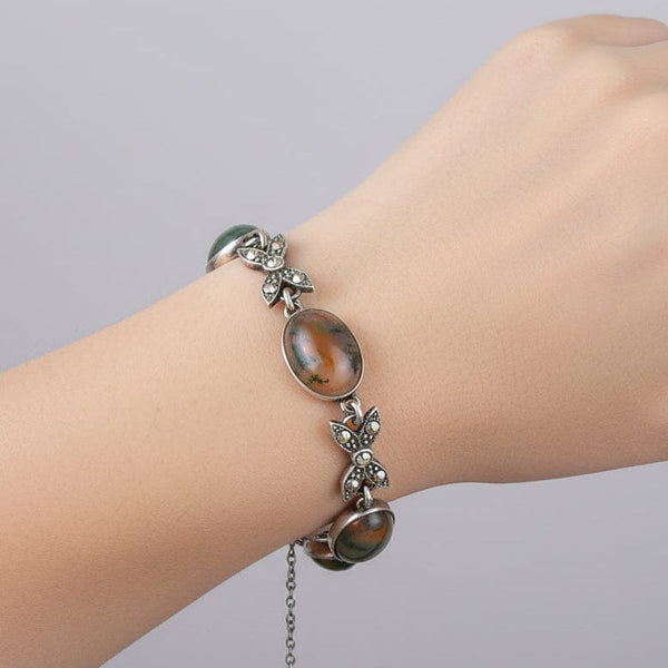 Vintage Moss Agate Marcasite Sterling Silver Bow Link Bracelet - Boylerpf
