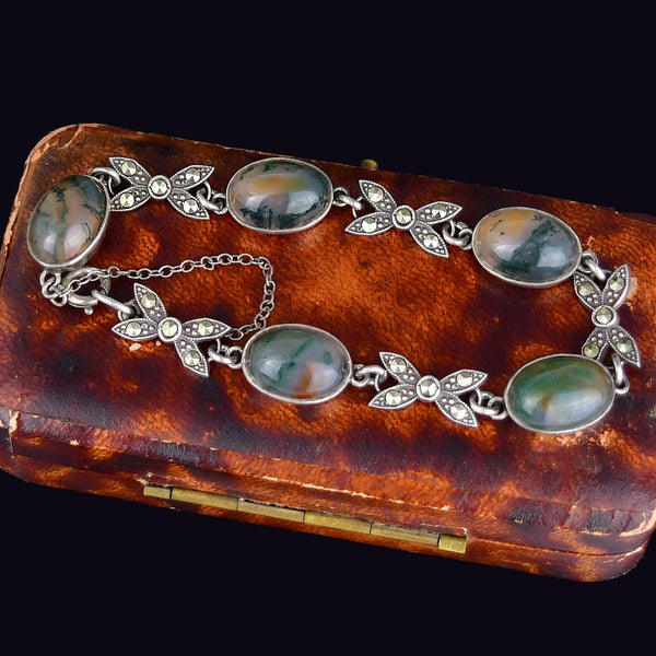 Vintage Moss Agate Marcasite Sterling Silver Bow Link Bracelet - Boylerpf
