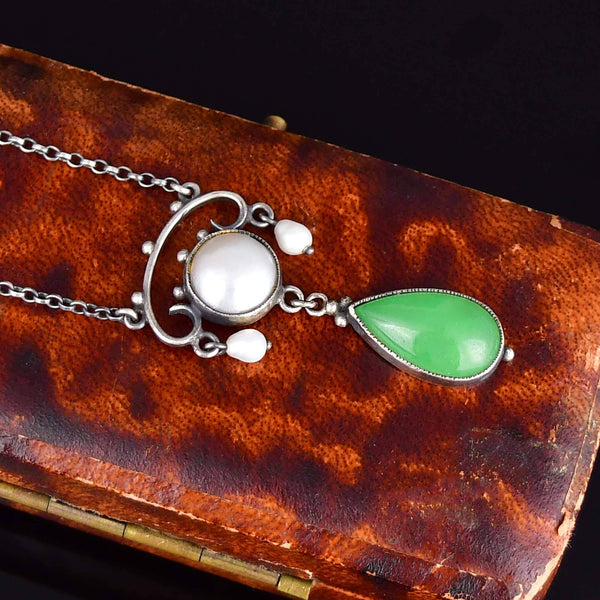 Antique Arts & Crafts Chrysoprase Pearl Drop Pendant Necklace - Boylerpf