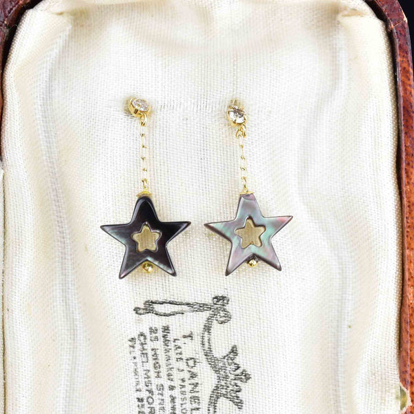 Vintage 18K Gold Diamond Mother of Pearl Star Drop Earrings - Boylerpf