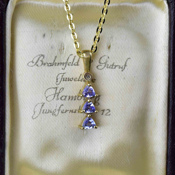 Vintage 10K Gold Diamond Trillion Cut Tanzanite Pendant Necklace - Boylerpf