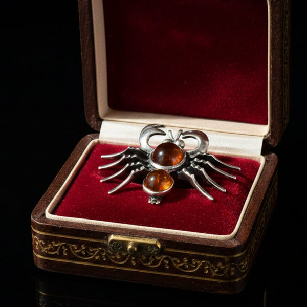 Vintage Amber Cabochon Sterling Silver Crab Zodiac Brooch